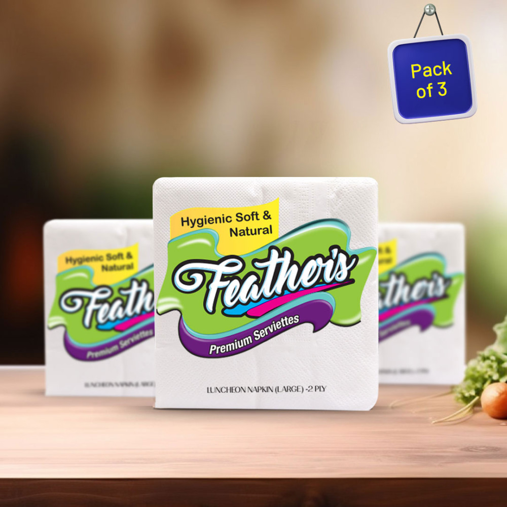 Feather's Naturally White Luncheon Napkin Super Strong & More Absorbent 2Ply Extra Soft Tissue with 50 pulls (Large, Pack of 3, 400X400mm)